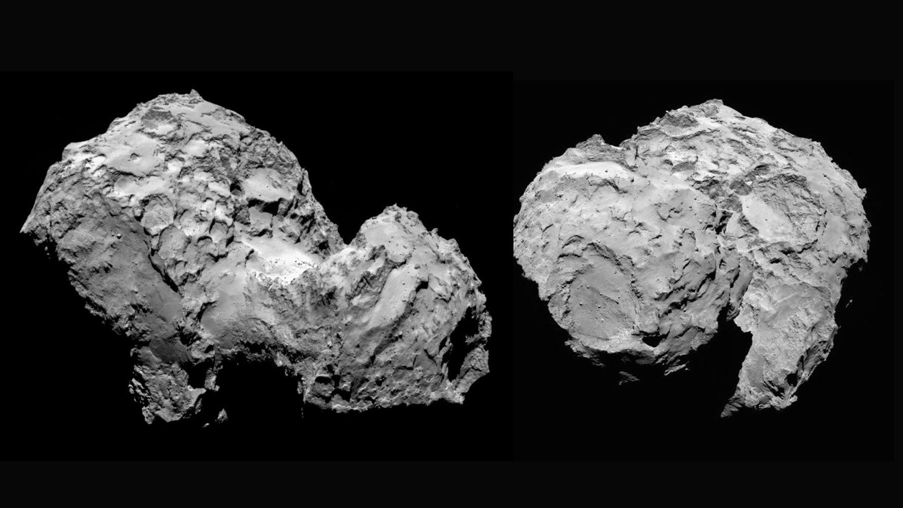 Zwei Ansichten des rotierenden Kometenkerns 67P/Churyumov-Gerasimenko