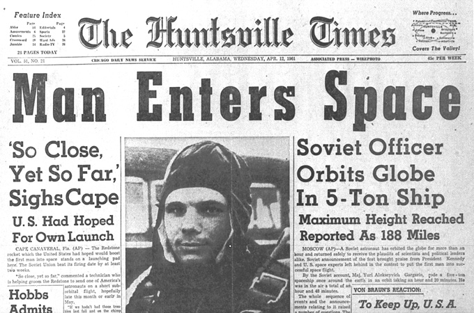 Gagarins Flug machte weltweit Schlagzeilen. Hier eine amerikanische Zeitung. Bild: NASA 