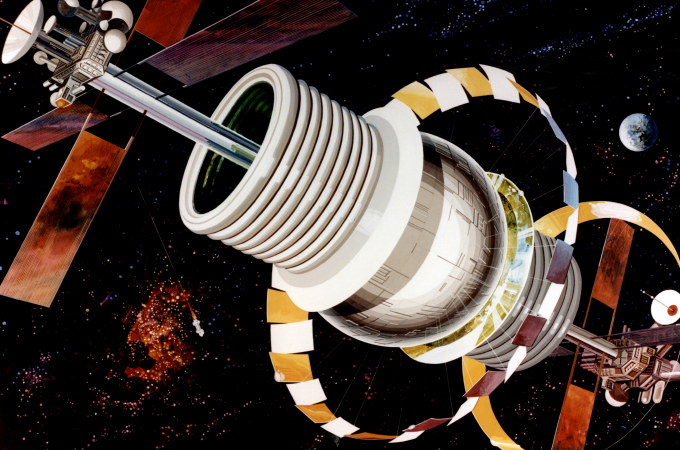 Eine riesige Raumstation, die sich um sich selbst dreht und so Schwerkraft erzeugt. Diese futuristische Zeichnung stammt aus den Archiven der NASA. Bild: NASA