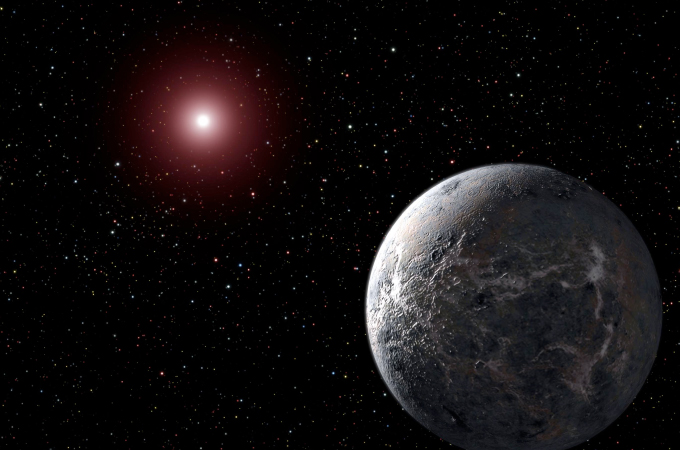 Diese Zeichnung – es handelt sich also nicht um ein Foto – zeigt einen der wenigen Gesteinplaneten (er wird OGLE-2005-BLG-390Lb genannt), die man bisher entdeckt hat. Er ist aber wohl so weit von seiner sehr kleinen Sonne entfernt, dass es dort minus 200 Grad kalt sein dürfte. Bild: NASA, ESA, STScI