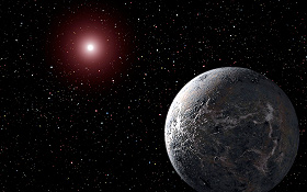 Diese Zeichnung – es handelt sich also nicht um ein Foto – zeigt einen der wenigen Gesteinplaneten (er wird OGLE-2005-BLG-390Lb genannt), die man bisher entdeckt hat. Er ist aber wohl so weit von seiner sehr kleinen Sonne entfernt, dass es dort minus 200 Grad kalt sein dürfte. Bild: NASA, ESA, STScI