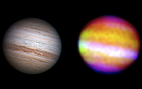 Links sieht man den Planeten Jupiter, wie er durch ein Fernrohr für das menschliche Auge erscheint. Rechts das Wärmebild von Jupiter, das SOFIA aufgenommen hat. Die Farben geben den Wissenschaftlerinnen und Wissenschaftlern Aufschluss über die Temperaturen. Bild links: Anthony Wesley. Bild rechts: NASA, DLR, Cornell University