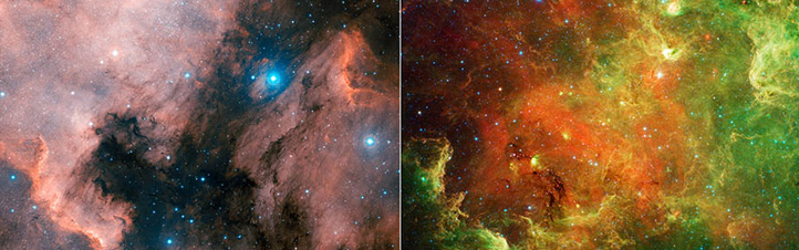 Den gewaltigen Unterschied von „normalen“ Aufnahmen und Infrarot-Bildern erkennt man hier: Beide Fotos zeigen den Nordamerika-Nebel – eine riesige „Wolke“ aus kosmischem Staub und Gas. Links sieht man ihn, wie er durch ein optisches Teleskop erscheint – quasi mit menschlichen Augen. Das Infrarot-Bild rechts zeigt Strukturen und Sterne, die uns sonst verborgen bleiben würden. Bilder: NASA