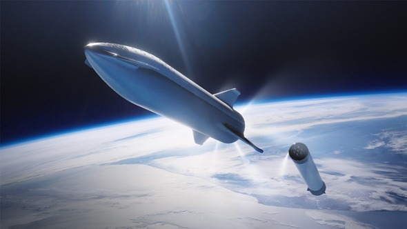 Links das Starship, das bis zu 100 Personen zum Mars bringen soll. Rechts schon auf dem Rückweg zur Erde die wiederverwendbare Unterstufe Super Heavy. Künstlerische Darstellung: SpaceX