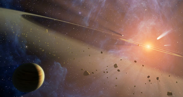 So wie in dieser künstlerischen Darstellung (also kein Foto) kann man sich den Asteroidengürtel vorstellen. Manchmal werden diese kleinen „Brocken“ in Richtung Erde abgelenkt. Bild: NASA/JPL-Caltech