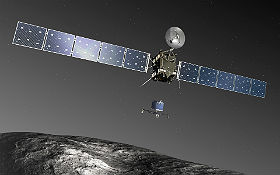 So ähnlich wie in dieser künstlerischen Darstellung hat es wohl ausgesehen, als Rosetta die kleine Landesonde Philae auf die Reise zum Kometen schickte. Bild: ESA-C. Carreau/ATG medialab