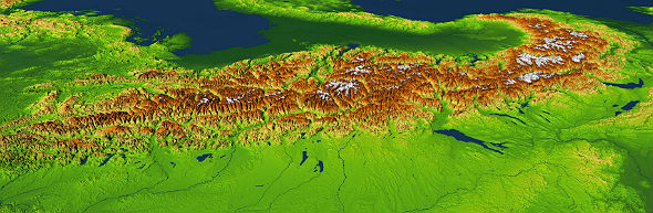 Die Alpen als digitales Höhenrelief. Aus Satellitendaten, die die Erdoberfläche mit ihren Höhen und Tiefen „abscannen“, werden solche Geländemodelle erstellt. Bild: DLR 