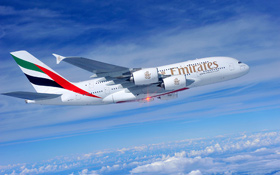 Ein A380 der Emirates Airlines im Flug. <BR>Bild: Airbus