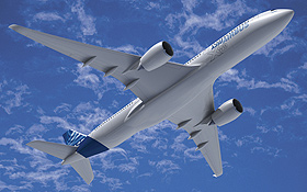 Beim neuen Airbus A350 werden Rumpf und Tragflächen aus kohlefaserverstärktem Kunststoff hergestellt. Bild: Airbus