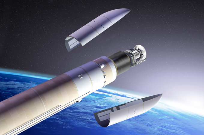 Illustration einer erfolgreichen Mission: Die „Fairing“ wird abgesprengt – so heißt die Schutzverkleidung an der Spitze der Rakete, die die Satelliten während des Fluges durch die Atmosphäre umhüllt. Die Satelliten werden dann ausgesetzt. Und danach? Der Rest der Rakete verglüht in der Atmosphäre. 
Bild: ESA
