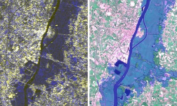 Beispiel für multitemporale Bilder: Das linke Bild stammt von Satelliten, die diesen Fluss in Frankreich vor und während eines Hochwassers aufgenommen haben. Rechts ist das alles in einer Karte zusammengefasst: dunkelblau erkennt man den Fluss, hellblau die überfluteten Gebiete. So weiß man, welche Bereiche vor der nächsten Flut besser geschützt werden müssen – zum Beispiel durch neue Deiche. Bilder: ESA, CNES, SERTIT