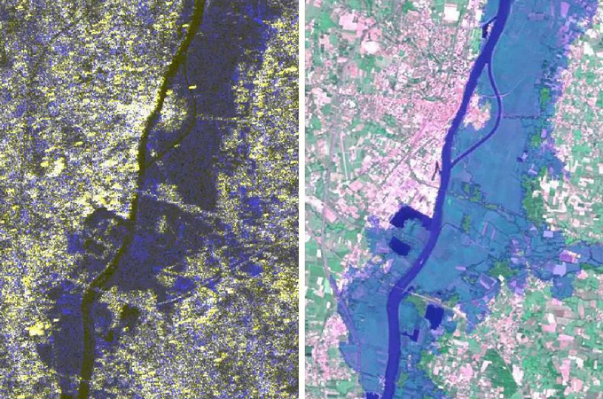 Beispiel für multitemporale Bilder: Das linke Bild stammt von Satelliten, die diesen Fluss in Frankreich vor und während eines Hochwassers aufgenommen haben. Rechts ist das alles in einer Karte zusammengefasst: dunkelblau erkennt man den Fluss, hellblau die überfluteten Gebiete. So weiß man, welche Bereiche vor der nächsten Flut besser geschützt werden müssen – zum Beispiel durch neue Deiche. 
Bilder: ESA, CNES, SERTIT