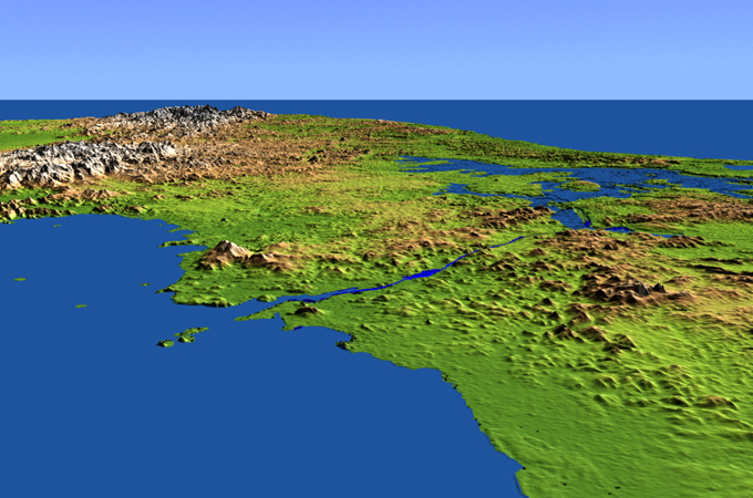 Ein digitales Geländemodell – also eine künstliche Ansicht der Erde, genauer hier von Panama. Die Daten für dieses und viele andere Bilder lieferte die SRTM-Mission. In der Mitte sieht man den berühmten Panama-Kanal. 
Bild: DLR, NASA