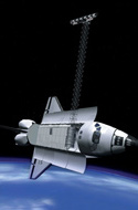 Mit einem langen Mast, an dessen Spitze sich Radar-Instrumente befanden, umrundete die Raumfähre bei SRTM die Erde. Bild: DLR