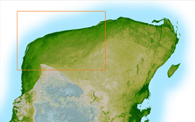 Die mexikanische Halbinsel Yucatan als sogenanntes Relief. Oben links sieht man im markierten Bereich eine leichte kreisrunde Vertiefung. Dies ist der Rand des 65 Millionen Jahre alten Kraters, der sich auf dem heutigen Meeresboden fortsetzt. Bild: DLR, NASA