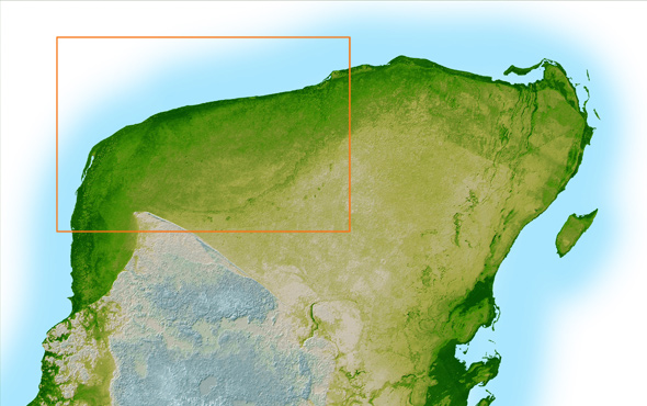 Die mexikanische Halbinsel Yucatan als sogenanntes Relief. Oben links sieht man im markierten Bereich eine leichte kreisrunde Vertiefung. Dies ist der Rand des 65 Millionen Jahre alten Kraters, der sich auf dem heutigen Meeresboden fortsetzt. 
Bild: DLR, NASA