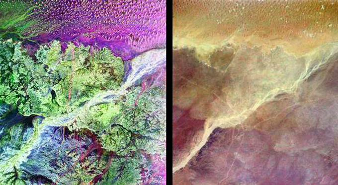 Zwei Bilder, die die Region um die versunkene Wüstenstadt Ubar zeigen. Die dünnen roten Linien auf dem linken Bild sind die alten Handelswege, die schließlich auf die Spur der Siedlung führten. Violett und grün zeigen die Bodenbeschaffenheit an, die graue Farbe markiert ein ausgetrocknetes Flusstal, ein sogenanntes Wadi. 
Bilder: NASA, JPL, DLR