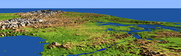 Ein digitales Geländemodell – also eine künstliche Ansicht der Erde, genauer hier von Panama. Die Daten für dieses und viele andere Bilder lieferte die SRTM-Mission. In der Mitte sieht man den berühmten Panama-Kanal. Bild: DLR, NASA