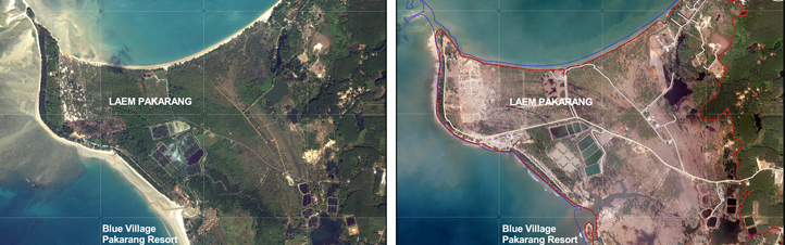 Diese beiden Bilder zeigen die Region Khao Lak in Thailand vor (links) und nach (rechts) dem Tsunami vom 26. Dezember 2004. Am Tag nach der Katastrophe gab es hier an der Küste und im Hinterland statt grüner Felder und Wälder nur noch nackte Erde und Schlamm. Auch von vielen anderen zerstörten Küstengebieten hat das DLR damals schnell Satellitenbilder angefertigt und den Einsatzkräften zur Verfügung gestellt.Bilder: DLR