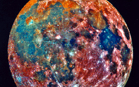 Ups – was ist da mit dem Mond passiert? Dies ist ein sogenanntes Falschfarbenbild. Die verschiedenen Farben zeigen Wissenschaftlerinnen und Wissenschatlern die einzelnen Mineralien an, die auf der Mond-Oberfläche vorkommen. Das Foto stammt von der deutsch-amerikanischen Galileo-Sonde, die auf ihrem Weg zum Jupiter auch den Mond unter die Lupe nahm. Bild: NASA, DLR