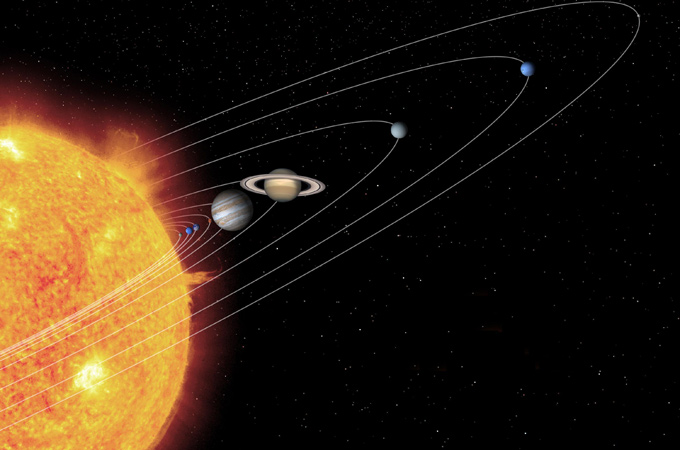 Bei dieser künstlerischen Darstellung des Sonnensystems entsprechen die Größenverhältnisse der Himmelskörper ungefähr den wirklichen Proportionen. Nur die Abstände sind in der Realität natürlich viel größer: Millionen und Milliarden von Kilometern liegen zwischen den Planeten. Bild: NASA, JPL, Caltech, T. Pyle (SSC)