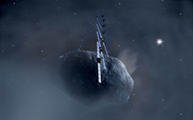 Künstlerische Darstellung der Sonde Rosetta, wie sie den Kometen umkreist. Und was dann geschah, entwickelte sich zu einem echten Weltraum-Krimi. Bild: ESA, AOES Medialab