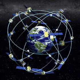 So kann man sich das GPS-System der US (und ähnlich auch das europäische Galileo-System) vorstellen: Für eine weltweite Navigation sind viele Satelliten nötig. Bild: NOAA