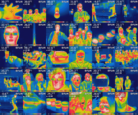 Einige Infrarot-Bilder, die Schüler mit einer Wärmebild-Kamera aufgenommen haben, sind hier zu sehen. Per Klick kannst du dir diese Zusammenstellung seltsamer „Klassenfotos“ in Vergrößerung ansehen. Bild: DLR