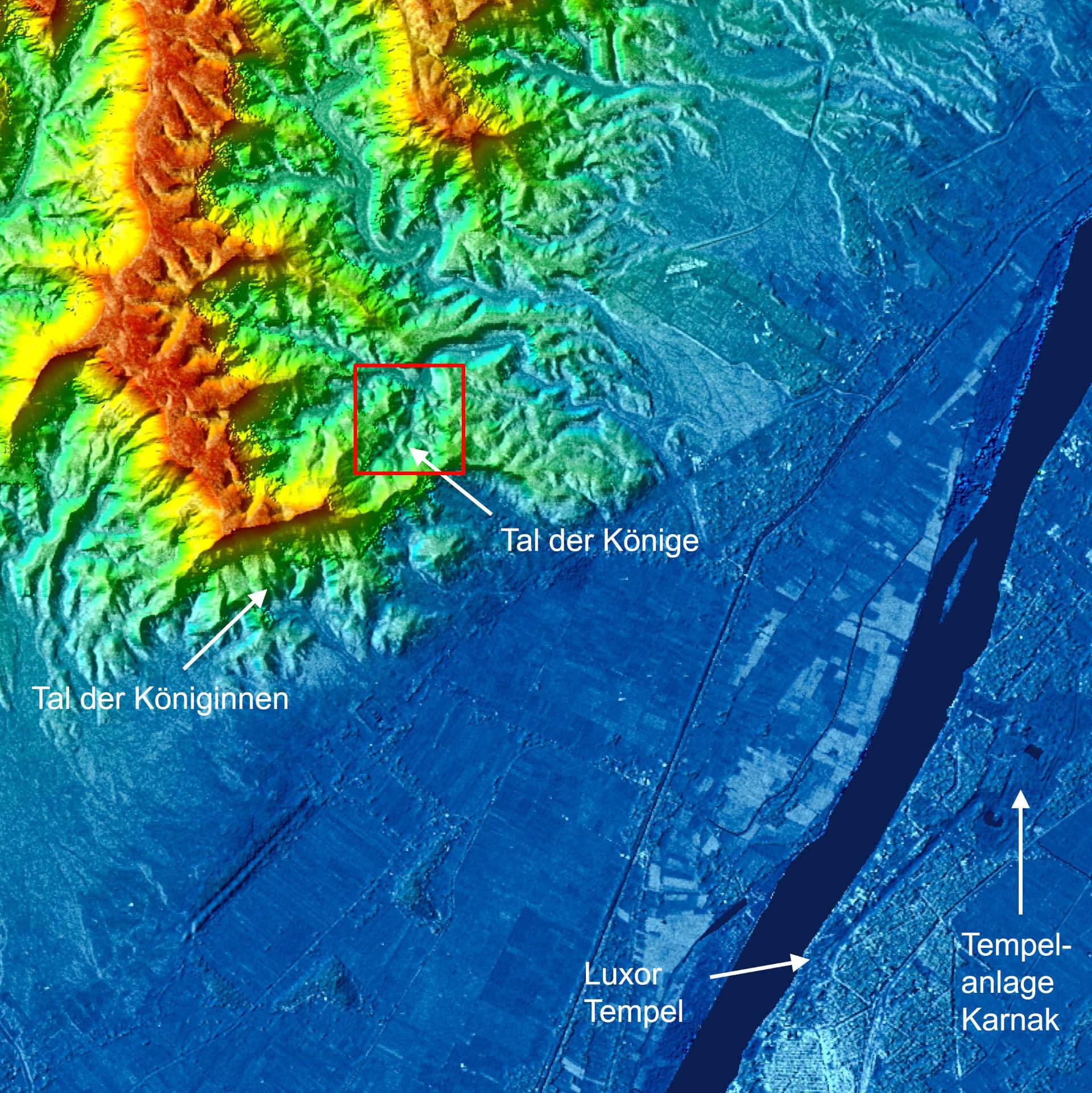 Digitales Höhenmodell mit Zoom auf das Tal der Könige in Ägypten