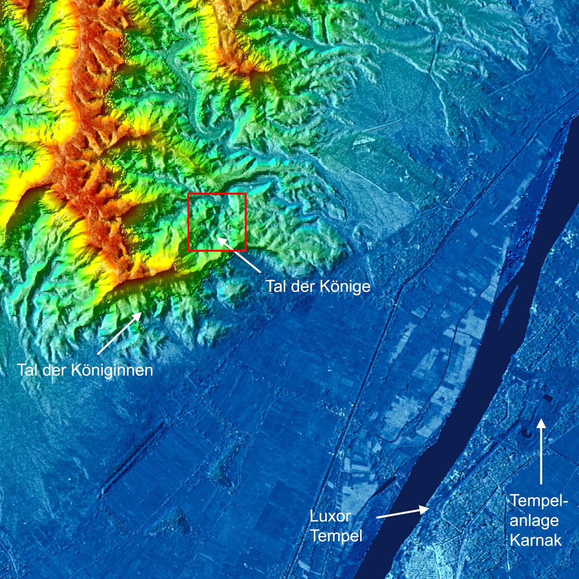 Digitales Höhenmodell mit Zoom auf das Tal der Könige in Ägypten