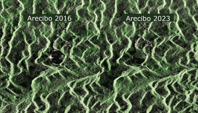 Zwei Vergleichsbilder von Satellitenaufnahmen des Arecibo-Observatoriums aus dem Jahr 2016 und 2023