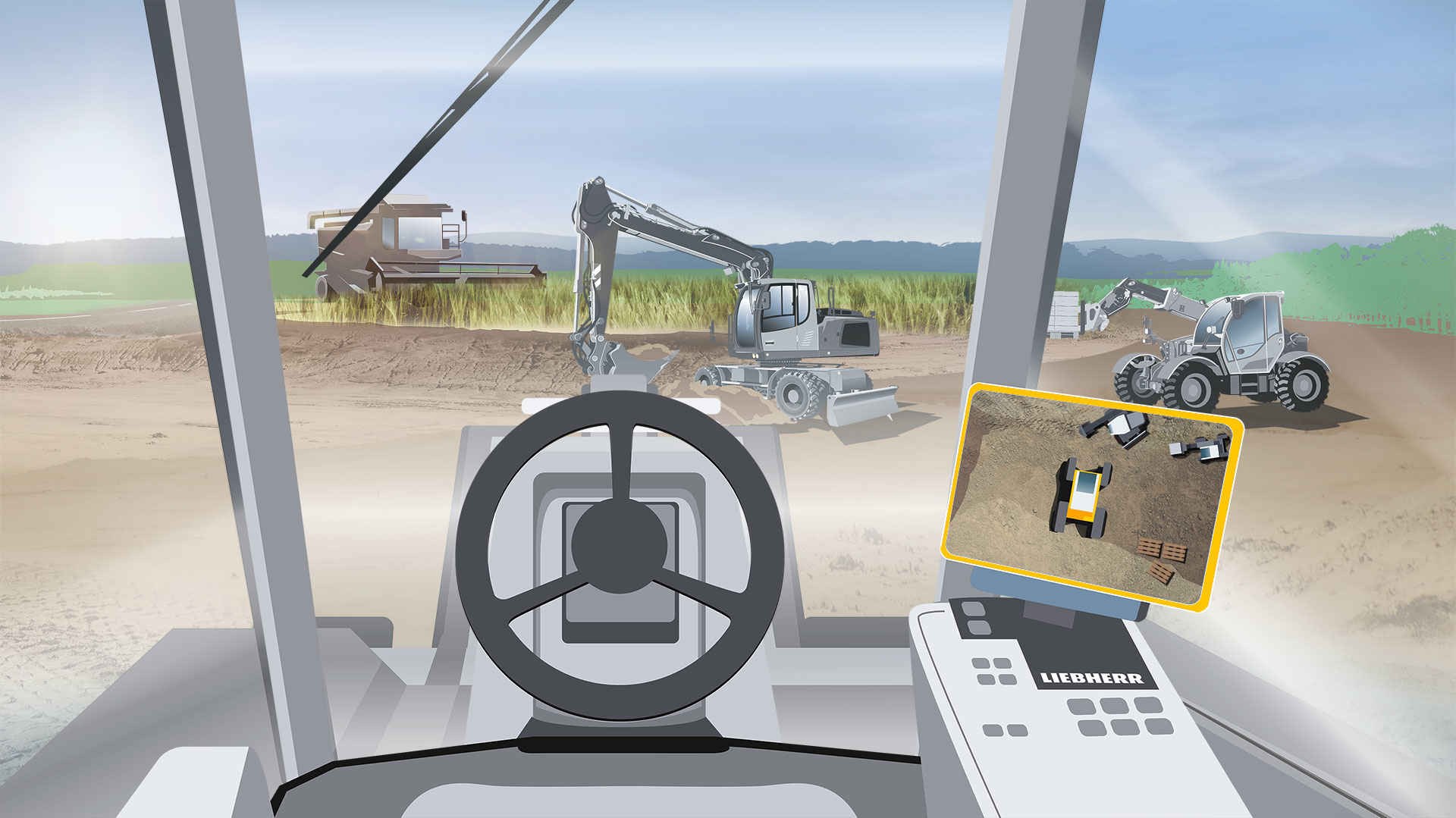 Animation des Fahrer-Cockpits eines Liebherr-Baggers.
