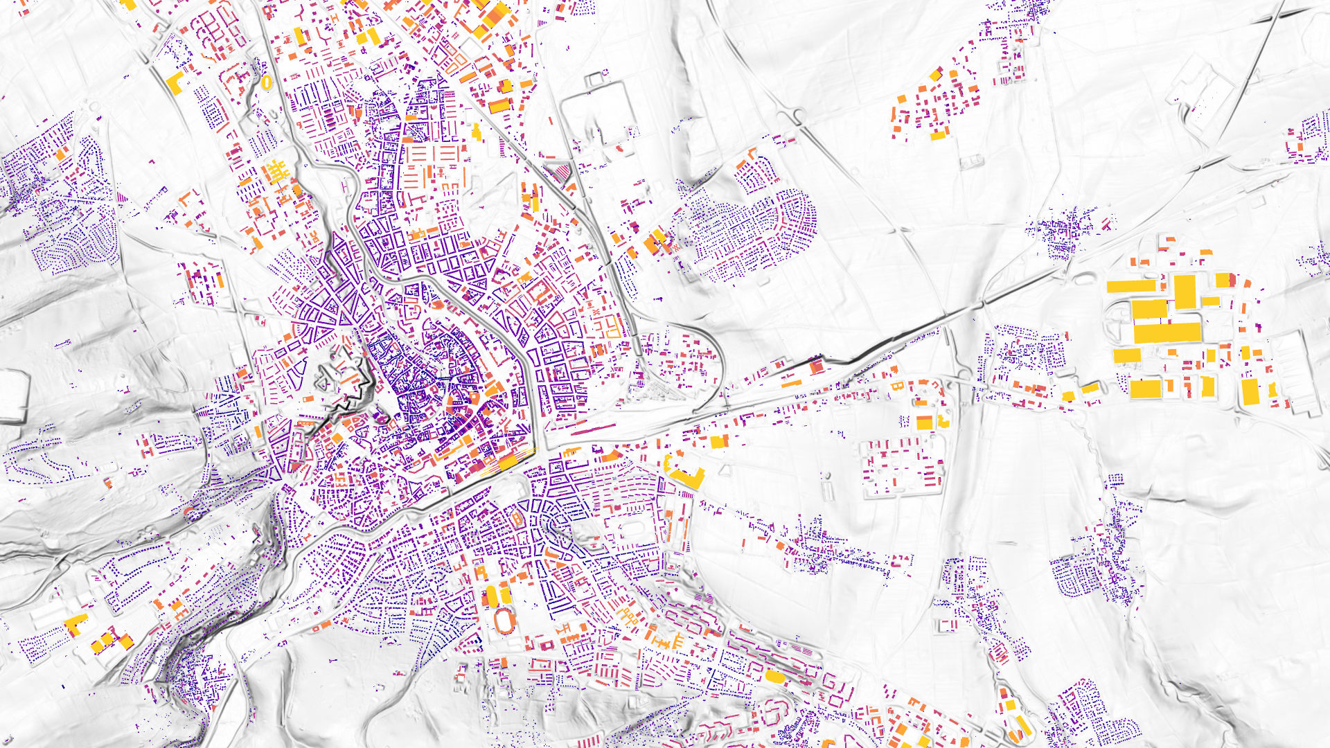 Das Bild zeigt das Solardach-Potenzial für Erfurt in farblichen Abstufungen von gelb (hohes Potenzial) zu dunkelblau.