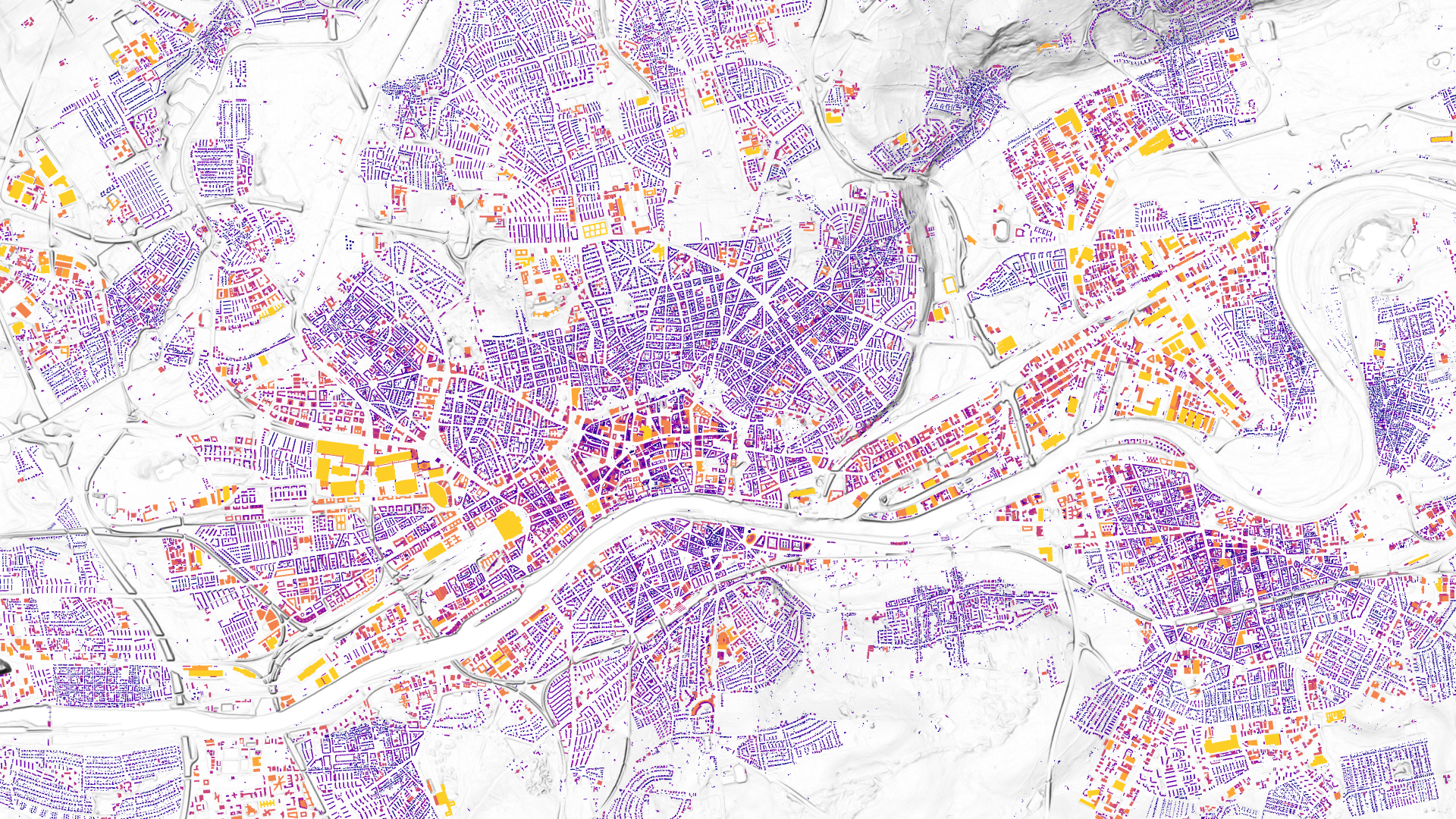 Das Bild zeigt das Solardach-Potenzial für Frankfurt in farblichen Abstufungen von gelb (hohes Potenzial) zu dunkelblau.