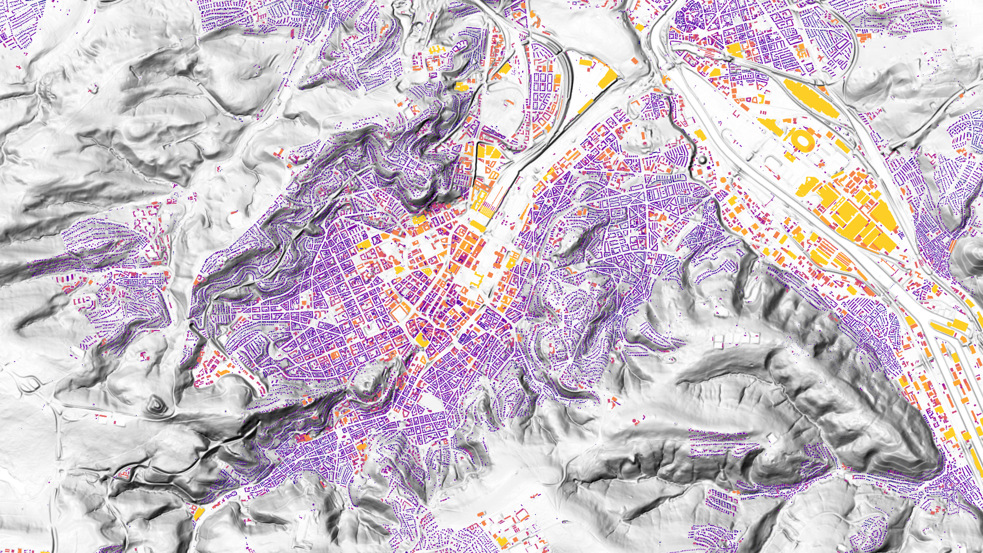 Das Bild zeigt das Solardach-Potenzial für Stuttgart in farblichen Abstufungen von gelb (hohes Potenzial) zu dunkelblau.