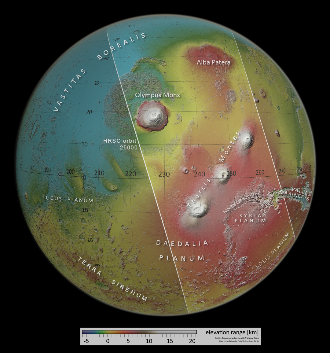 Die Region Tharsis ist eine Aufwölbung von mehr als viertausend Metern Höhe und hat etwa die Größe Nordamerikas. Sie befindet sich am Übergang vom südlichen Hochland zu den nördlichen Tiefebenen.