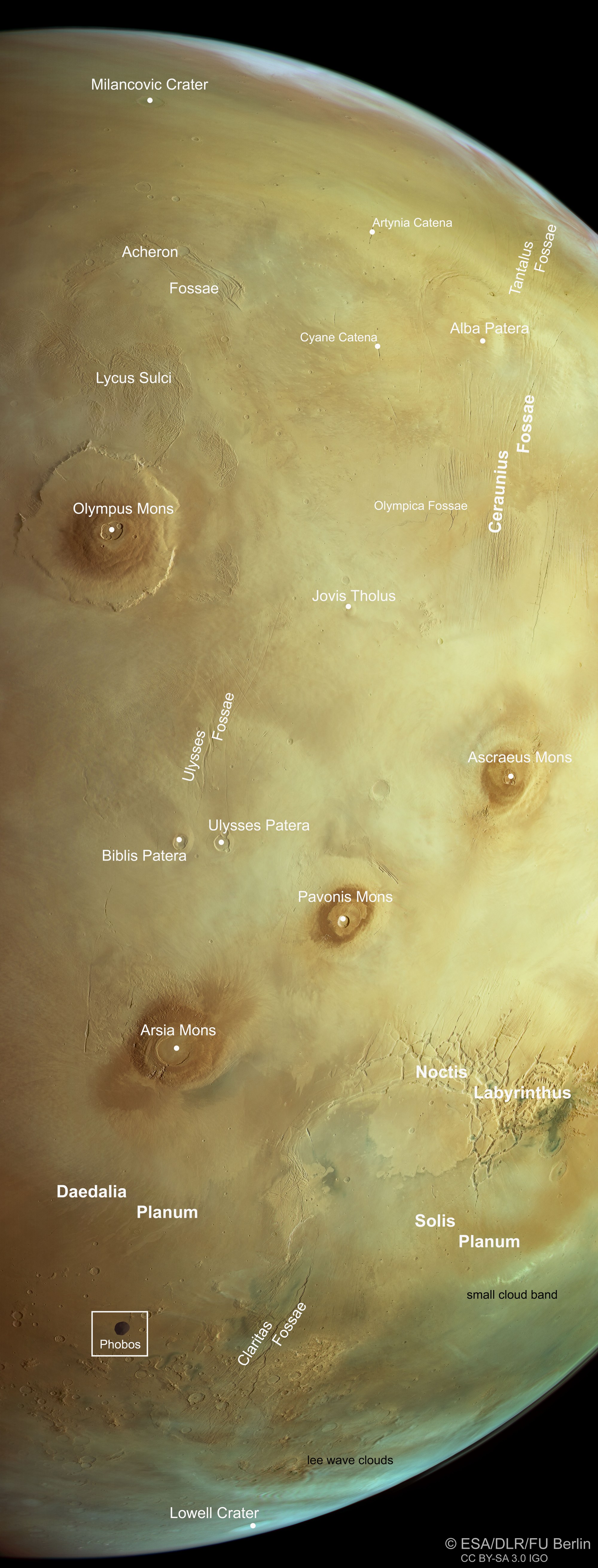 Eines der geologisch interessantesten Gebiete auf dem Mars ist die Region Tharsis, eine über vier Kilometer hohe Aufwölbung etwa von der Größe Nordamerikas mit vier der höchsten Vulkane im Sonnensystem.