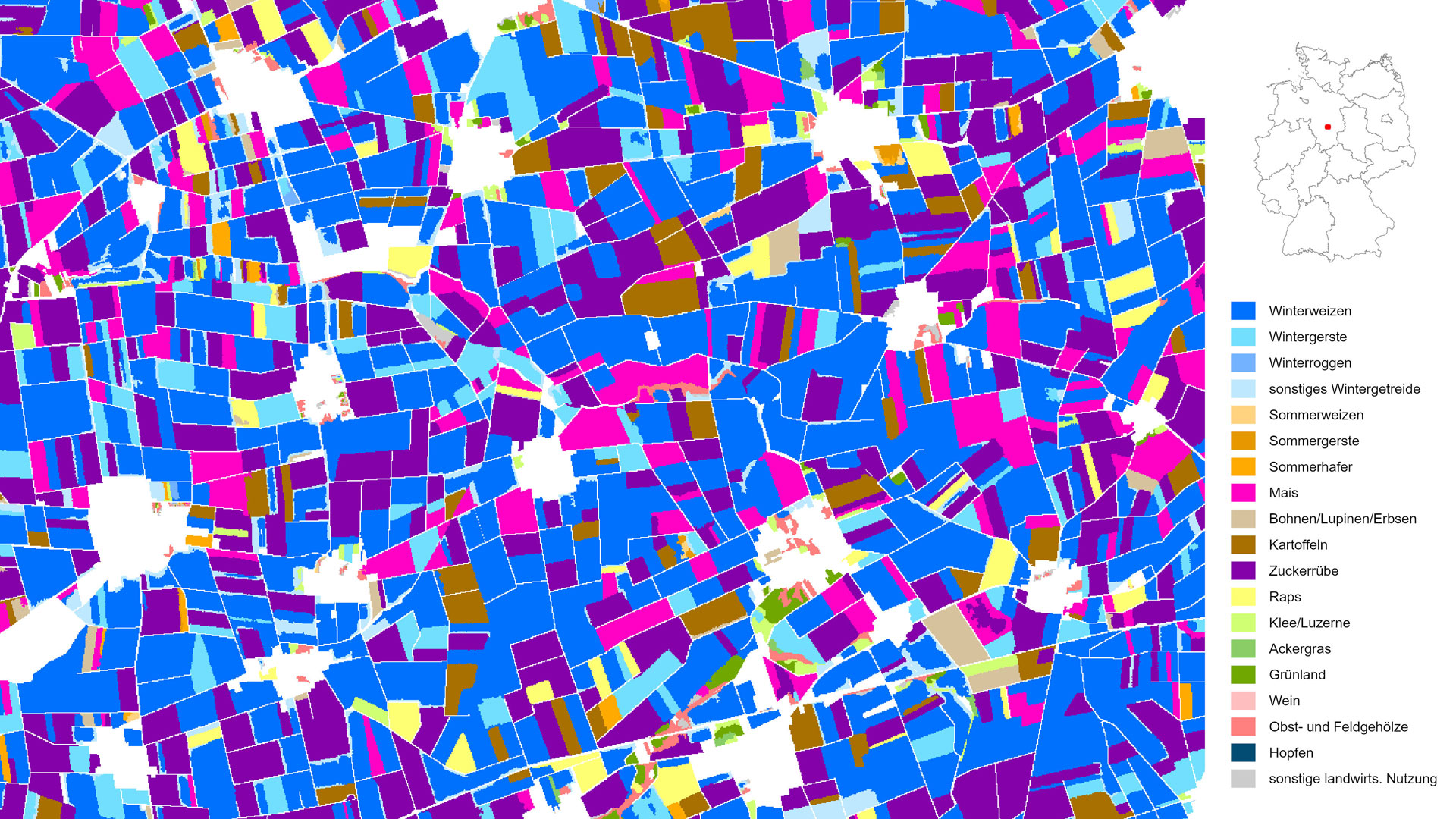 Die Kartierung zeigt die kultivierten Feldfrüchte und landwirtschaftlichen Hauptnutzungsarten in Deutschland mit einer Auflösung von zehn Metern. In dieser Darstellung für das Jahr 2020 ist die intensiv genutzte Agrarlandschaft nordöstlich von Hildesheim zu sehen. Die Hildesheimer Börde ist durch ihre ausgesprochen guten Schwarzerde-Lössböden gekennzeichnet. Wintergetreide (Blautöne) und Zuckerrübe (lila) sind die wichtigsten Ackerfrüchte, mit Mais (pink), Kartoffeln (braun) oder Raps (gelb) als Zwischenfrüchten.