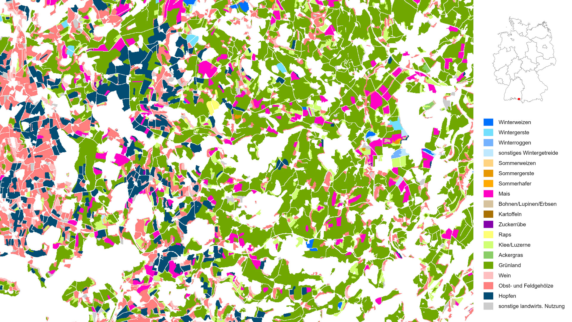 Die Kartierung zeigt die kultivierten Feldfrüchte und landwirtschaftlichen Hauptnutzungsarten in Deutschland mit einer Auflösung von zehn Metern. Die Farben beschreiben die 18 unterschiedlichen Feldfrüchte. In dieser Darstellung für das Jahr 2018 ist eine Agrarlandschaft nahe des Bodensees zu sehen. Während das Gebiet im Westen rund um Tettnang von Obst- und Hopfenanbau (rosa und dunkelblau) geprägt ist, schließt östlich davon das von Dauergrünland (grün) dominierte Alpenvorland bei Wangen im Allgäu an.