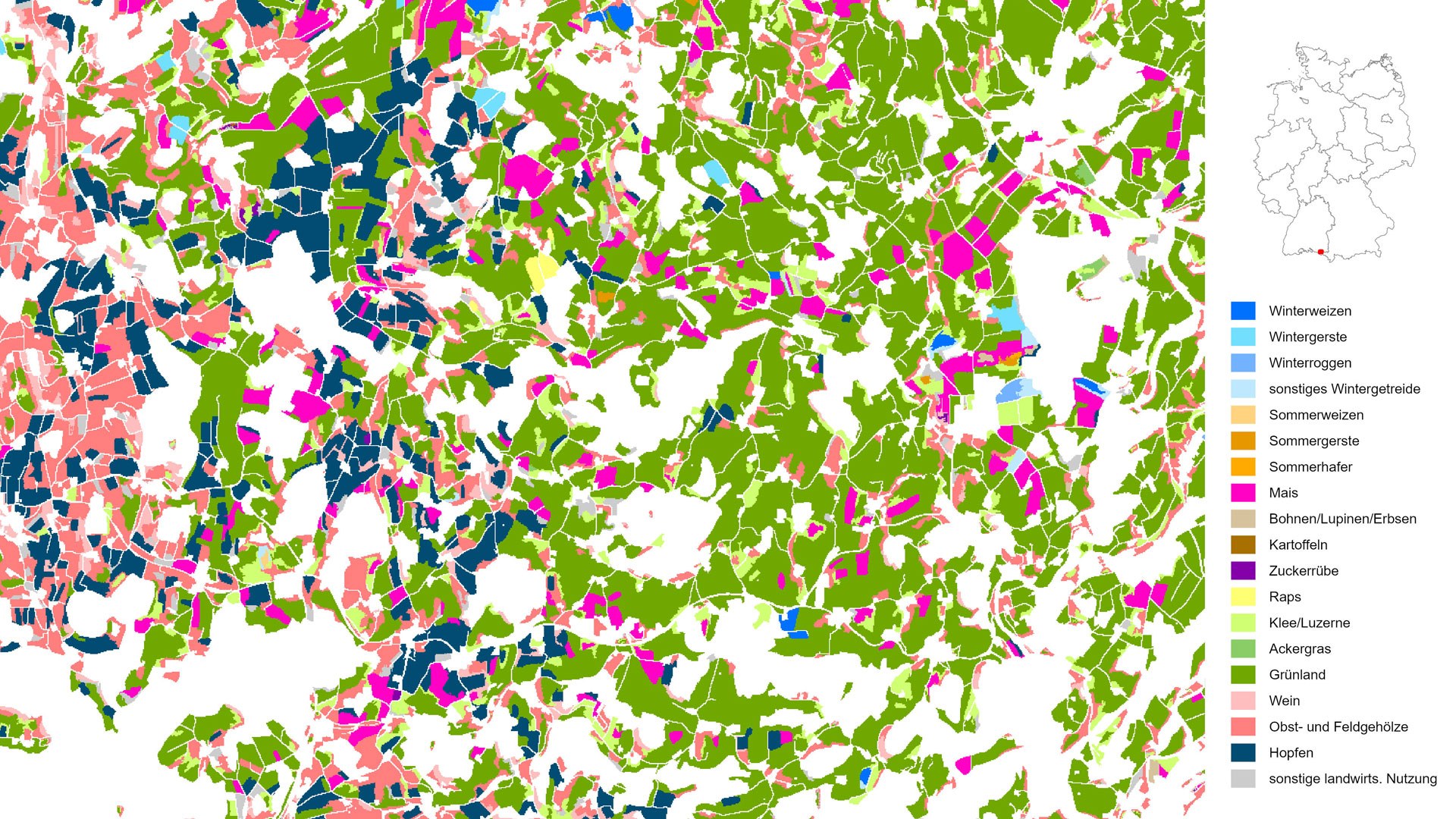 Die Kartierung zeigt die kultivierten Feldfrüchte und landwirtschaftlichen Hauptnutzungsarten in Deutschland mit einer Auflösung von zehn Metern. Die Farben beschreiben die 18 unterschiedlichen Feldfrüchte. In dieser Darstellung für das Jahr 2018 ist eine Agrarlandschaft nahe des Bodensees zu sehen. Während das Gebiet im Westen rund um Tettnang von Obst- und Hopfenanbau (rosa und dunkelblau) geprägt ist, schließt östlich davon das von Dauergrünland (grün) dominierte Alpenvorland bei Wangen im Allgäu an.