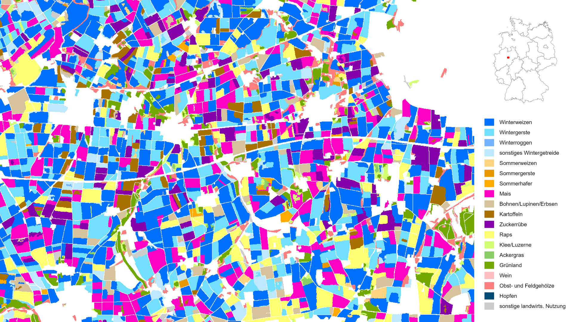 Die Kartierung zeigt die kultivierten Feldfrüchte und landwirtschaftlichen Hauptnutzungsarten in Deutschland mit einer Auflösung von zehn Metern. In dieser Darstellung für das Jahr 2022 ist die intensiv genutzte Agrarlandschaft zwischen Werl und Soest (im Nordosten) zu sehen. Die Soester Börde zeichnet sich durch ihren fruchtbaren Lössboden aus. Hauptsächlich wird darauf Getreide (Blautöne) und Zuckerrübe (lila) angebaut.