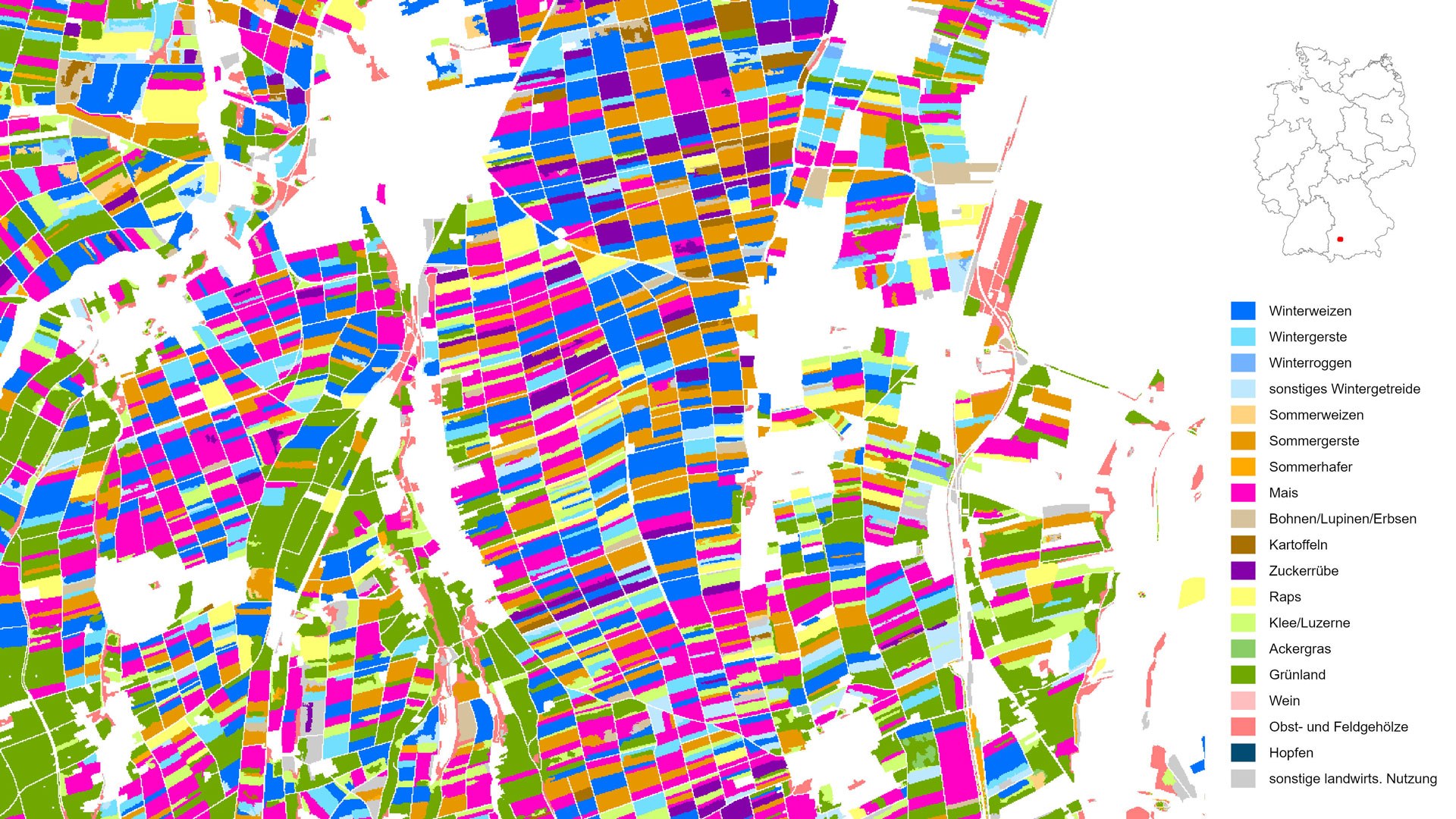 Die Kartierung zeigt die kultivierten Feldfrüchte und landwirtschaftlichen Hauptnutzungsarten in Deutschland mit einer Auflösung von zehn Metern. In dieser Darstellung für das Jahr 2019 ist das Lechfeld südlich von Augsburg zu sehen. In der sehr kleinräumigen Agrarlandschaft werden vor allem Winterweizen (blau), Gerste (braun) und Mais (pink) angebaut und durch eine große Vielfalt anderer Nutzungen wie Zuckerrüben (lila), Kartoffeln (dunkelbraun) und Grünland (grün) ergänzt.