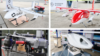 Bildkachel mit Fotos der vier teilnehmenden Drohnen im Wettbewerb Offshore Drone Challenge 2024 beim DLR in Cochstedt