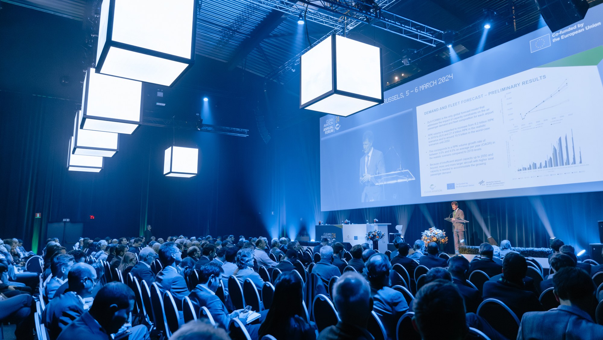 DLR-Bereichsvorstand Markus Fischer präsentiert Ergebnisse vor dem Publikum des Clean Aviation Forums 2024.