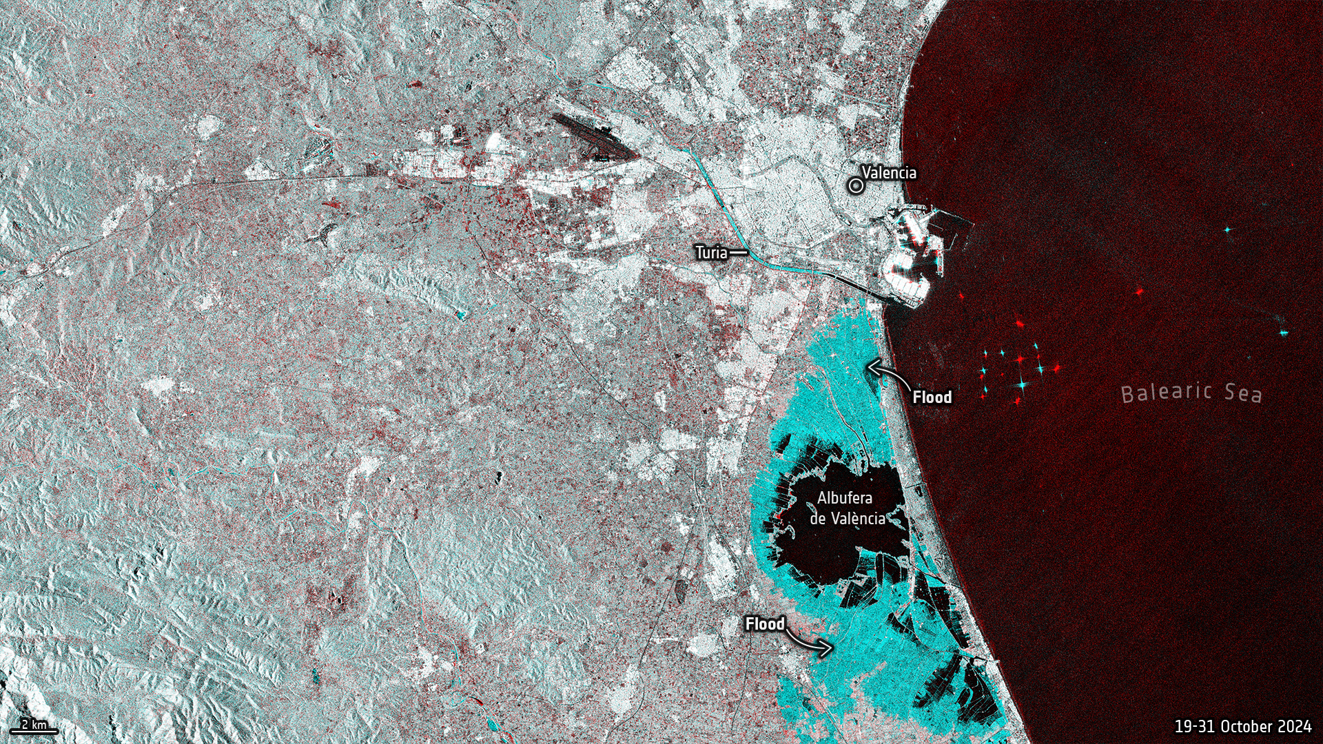 Überschwemmte Gebiete um Valencia am 29. Oktober 2024, aufgenommen von Copernicus Sentinel-1