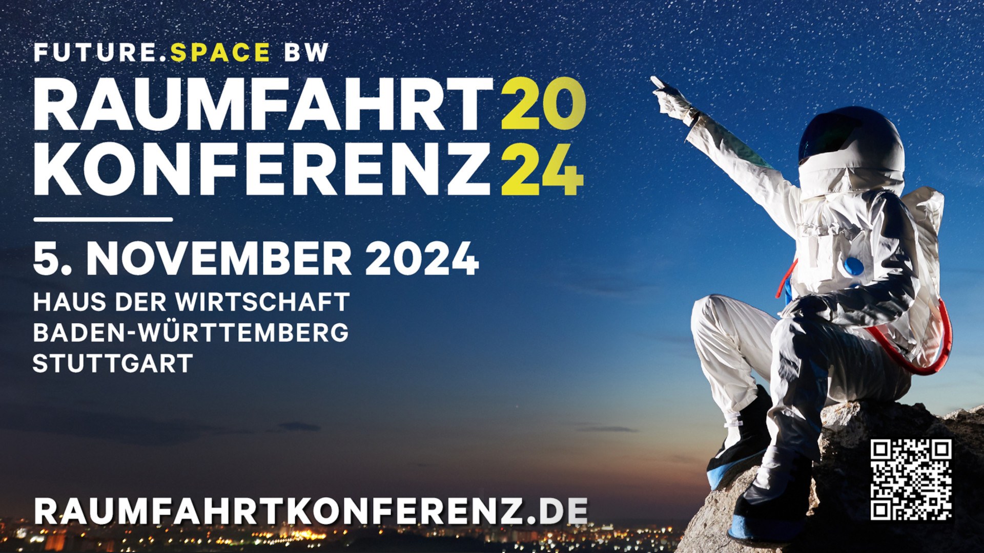 Titelbild der Raumfahrtkonferenz 2024 mit einem Astronauten, der in den Nachthimmel zeigt.