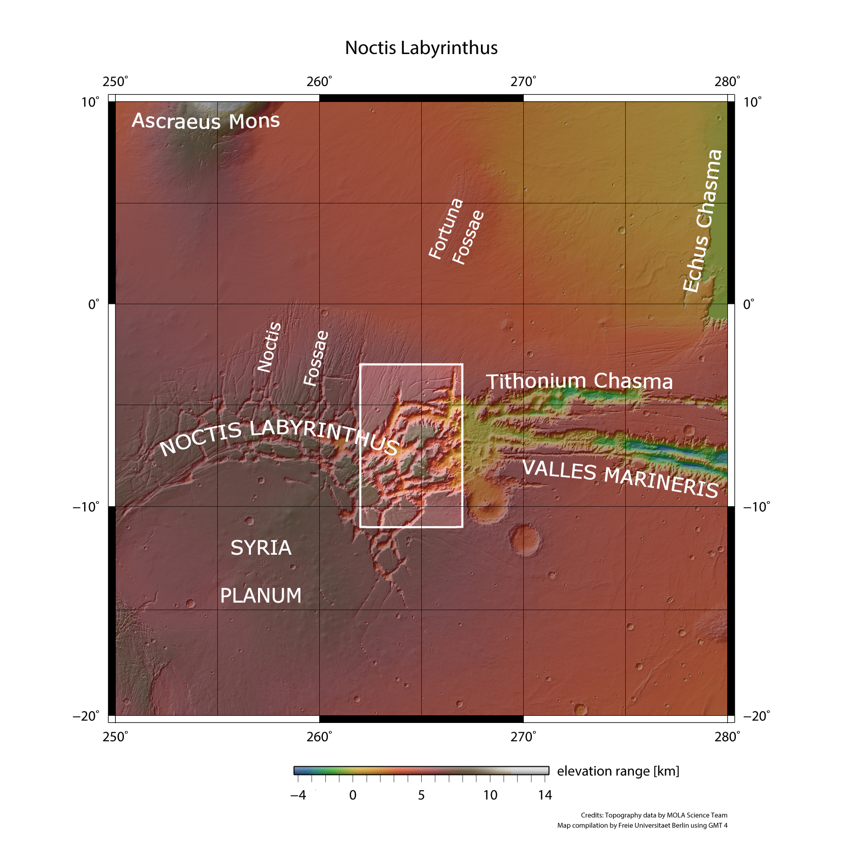Übergang zwischen der Tharsis-Aufwölbung im Westen und dem tektonischen Grabenbruch der Valles Marineris