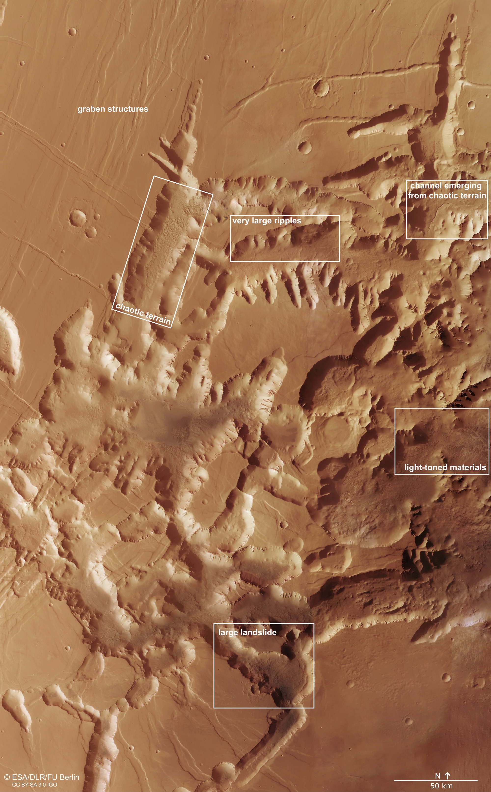 Die durch tektonische Dehnungsvorgänge entstandene Region Noctis Labyrinthus