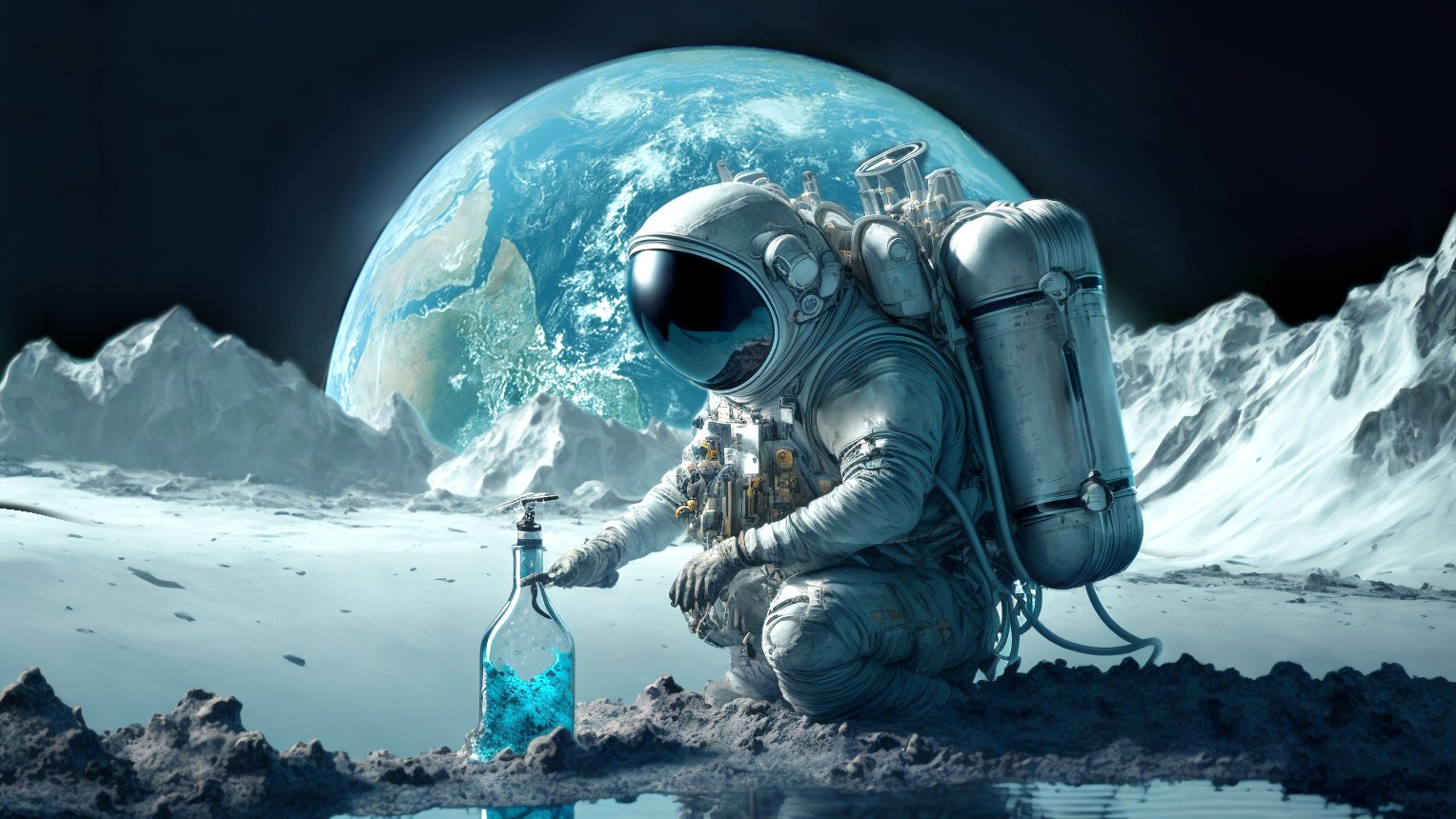 Symbolbild Astronaut auf dem Mond mit Wasserflasche