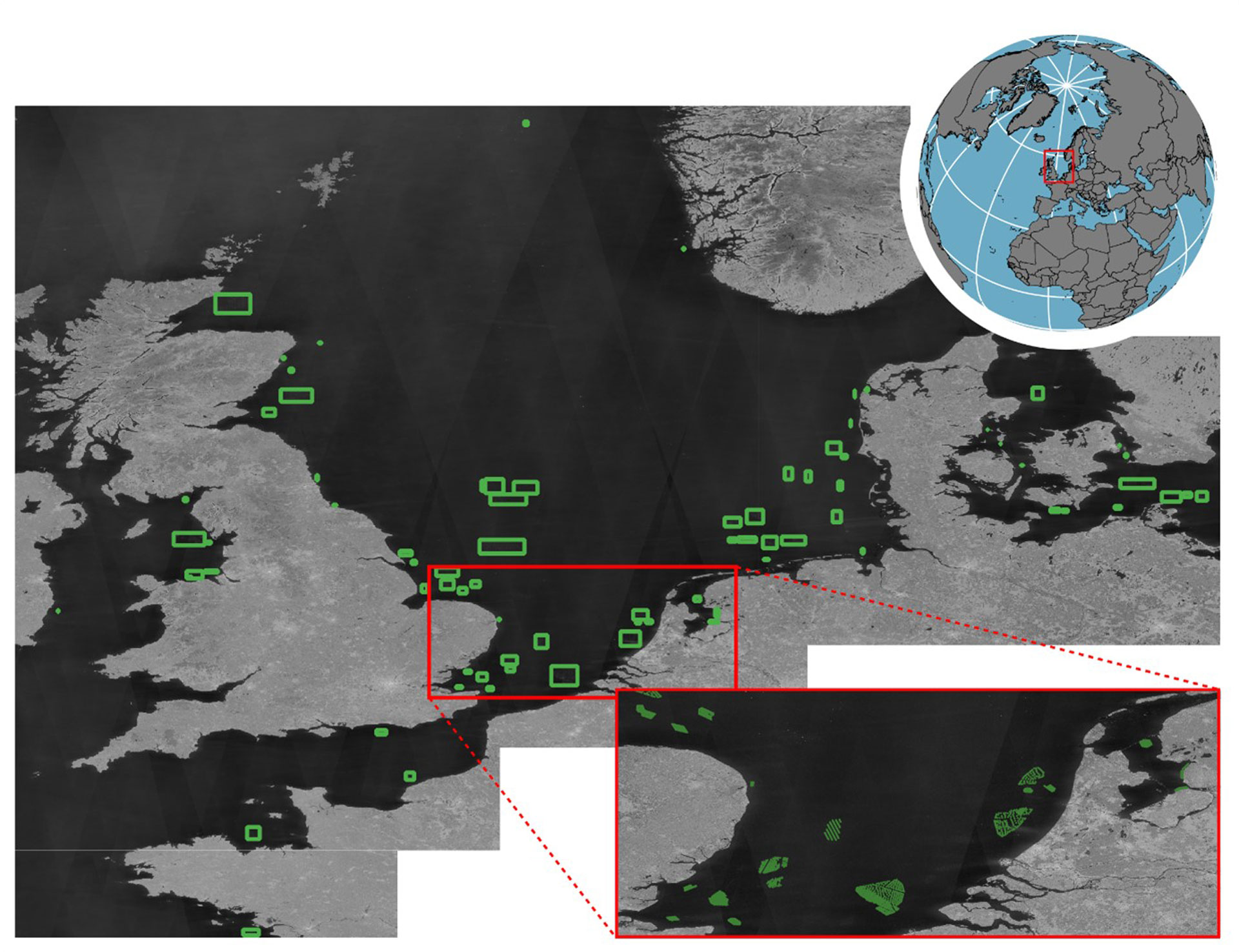 Die Grafik zeigt die Aufnahme eines Radarsatelliten. Die Windenergieanlagen in der Nordsee sind grün markiert.